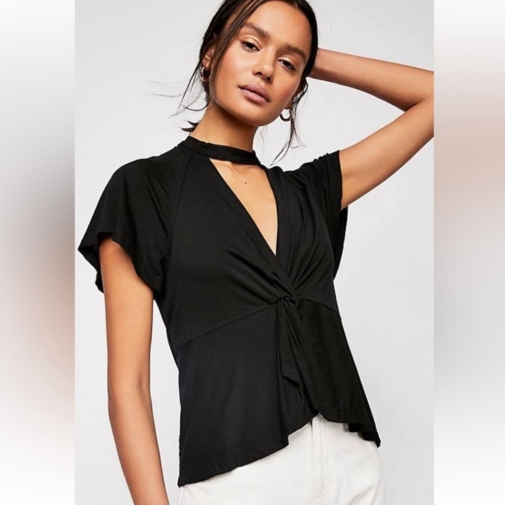 Free People "Just A Twist" Keyhole Cutout Top Black Short Sleeve, Women's Size M - Picture 2 of 10